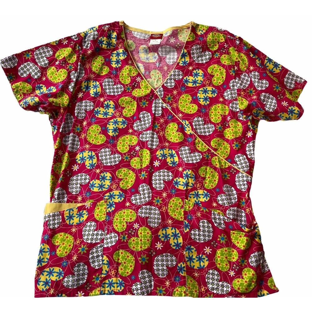 Dickies Floral Heart Scrub Top Bright Floral &‎ Butterfly Womens Large